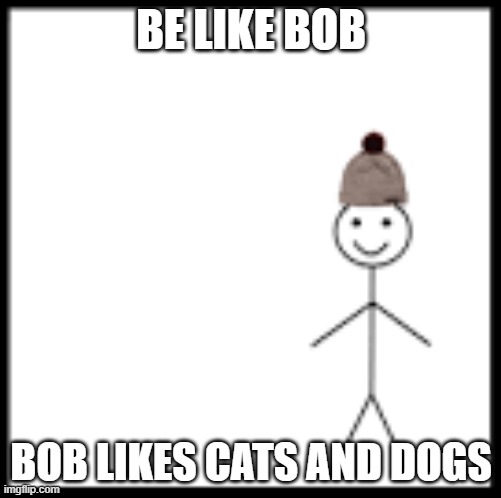 bob | BE LIKE BOB; BOB LIKES CATS AND DOGS | image tagged in be like bob | made w/ Imgflip meme maker