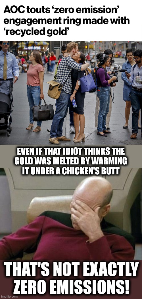 AOC: relentlessly stupid! |  EVEN IF THAT IDIOT THINKS THE
GOLD WAS MELTED BY WARMING
IT UNDER A CHICKEN'S BUTT; THAT'S NOT EXACTLY
ZERO EMISSIONS! | image tagged in memes,captain picard facepalm,aoc,engagement ring,recycled gold,stupid liberals | made w/ Imgflip meme maker