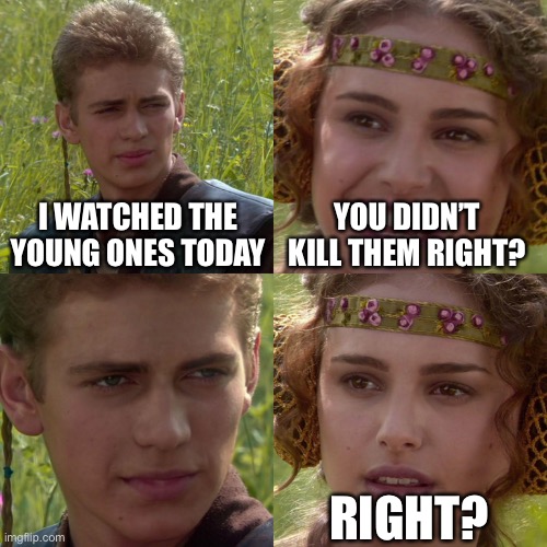 Right? | I WATCHED THE YOUNG ONES TODAY; YOU DIDN’T KILL THEM RIGHT? RIGHT? | image tagged in anakin padme 4 panel | made w/ Imgflip meme maker