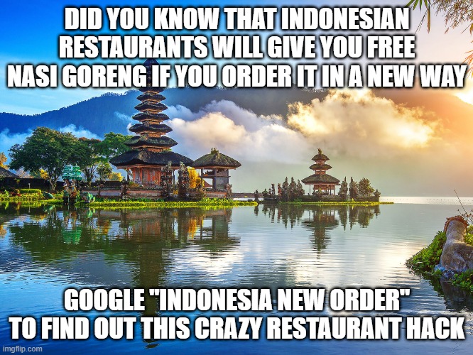 DID YOU KNOW THAT INDONESIAN RESTAURANTS WILL GIVE YOU FREE NASI GORENG IF YOU ORDER IT IN A NEW WAY; GOOGLE "INDONESIA NEW ORDER" TO FIND OUT THIS CRAZY RESTAURANT HACK | image tagged in CoolAmericaFacts | made w/ Imgflip meme maker