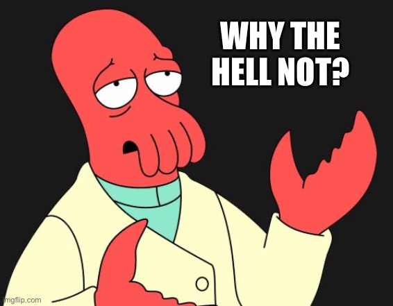 Why Not Zoidberg | WHY THE HELL NOT? | image tagged in why not zoidberg | made w/ Imgflip meme maker