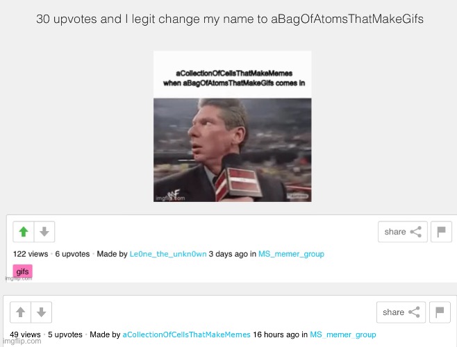I’m going to give you guys another chance. 30 upvotes and I legit change my name to aBagOfAtomsThatMakeGifs | made w/ Imgflip meme maker