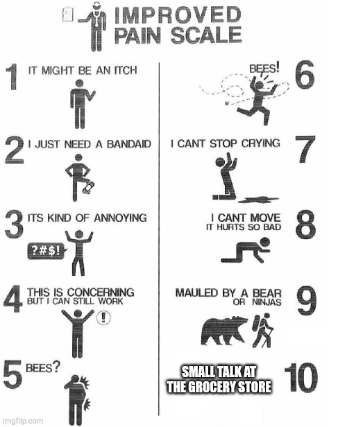 Improved Pain Scale | SMALL TALK AT THE GROCERY STORE | image tagged in improved pain scale | made w/ Imgflip meme maker