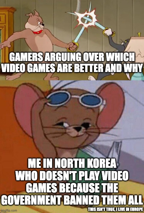 North korea :( | GAMERS ARGUING OVER WHICH VIDEO GAMES ARE BETTER AND WHY; ME IN NORTH KOREA WHO DOESN'T PLAY VIDEO GAMES BECAUSE THE GOVERNMENT BANNED THEM ALL; THIS ISN'T TRUE, I LIVE IN EUROPE | image tagged in tom and jerry swordfight | made w/ Imgflip meme maker