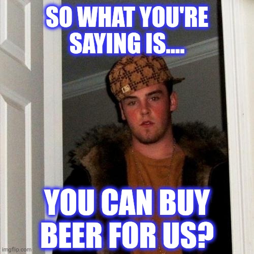Scumbag Steve Meme | SO WHAT YOU'RE
SAYING IS.... YOU CAN BUY
BEER FOR US? | image tagged in memes,scumbag steve | made w/ Imgflip meme maker