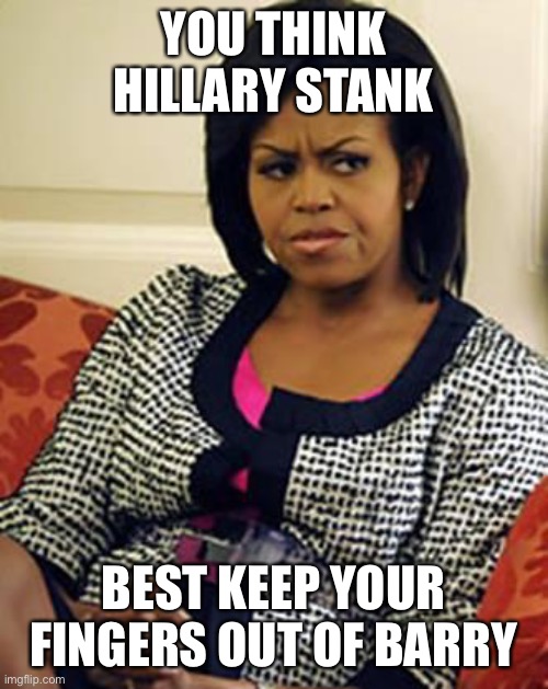 YOU THINK HILLARY STANK BEST KEEP YOUR FINGERS OUT OF BARRY | image tagged in michelle obama is not pleased | made w/ Imgflip meme maker