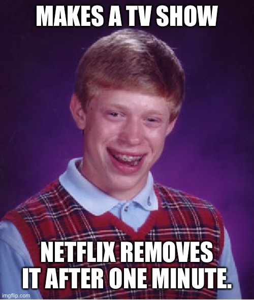 Too bad too many good stuff got removed | MAKES A TV SHOW; NETFLIX REMOVES IT AFTER ONE MINUTE. | image tagged in bad luck brian,netflix,netflix and chill | made w/ Imgflip meme maker