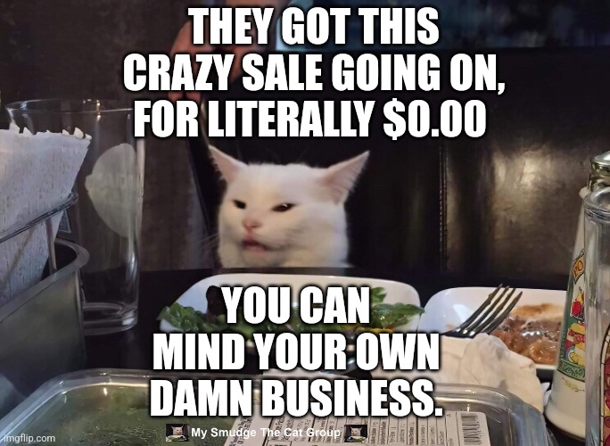THEY GOT THIS CRAZY SALE GOING ON, FOR LITERALLY $0.00; YOU CAN MIND YOUR OWN DAMN BUSINESS. | image tagged in smudge the cat | made w/ Imgflip meme maker