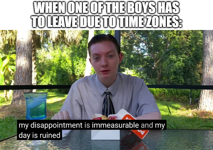 even worse is that I live in the same timzone as the Chinese usernames | WHEN ONE OF THE BOYS HAS TO LEAVE DUE TO TIME ZONES: | image tagged in my disappointment is immeasurable,me and the boys,meme | made w/ Imgflip meme maker