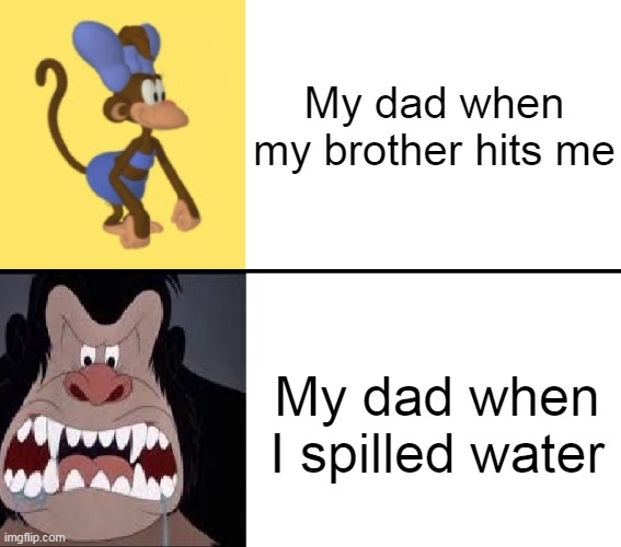 This is kinda true tho | My dad when my brother hits me; My dad when I spilled water | image tagged in coco the monkey and ajax the gorila,angry,dad,disney | made w/ Imgflip meme maker