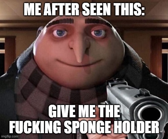 ME AFTER SEEN THIS: GIVE ME THE FUCKING SPONGE HOLDER | image tagged in gru gun | made w/ Imgflip meme maker