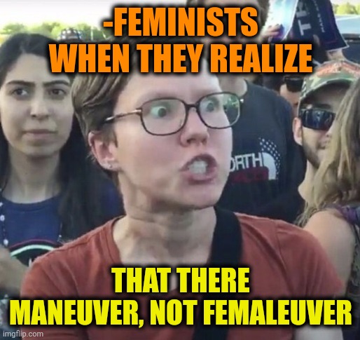 -Action to proceed. | -FEMINISTS WHEN THEY REALIZE; THAT THERE MANEUVER, NOT FEMALEUVER | image tagged in triggered feminist,meme man,the moment you realize,female logic,that moment when,action | made w/ Imgflip meme maker