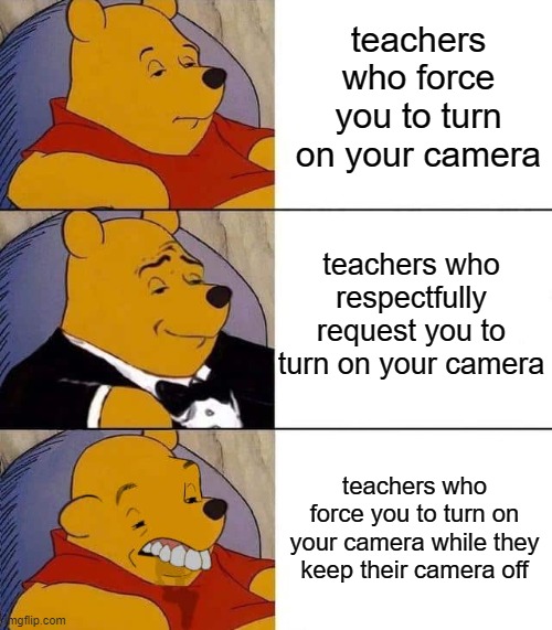 who else hates it when teachers do this? | teachers who force you to turn on your camera; teachers who respectfully request you to turn on your camera; teachers who force you to turn on your camera while they keep their camera off | image tagged in tuxedo winnie the pooh derpy | made w/ Imgflip meme maker