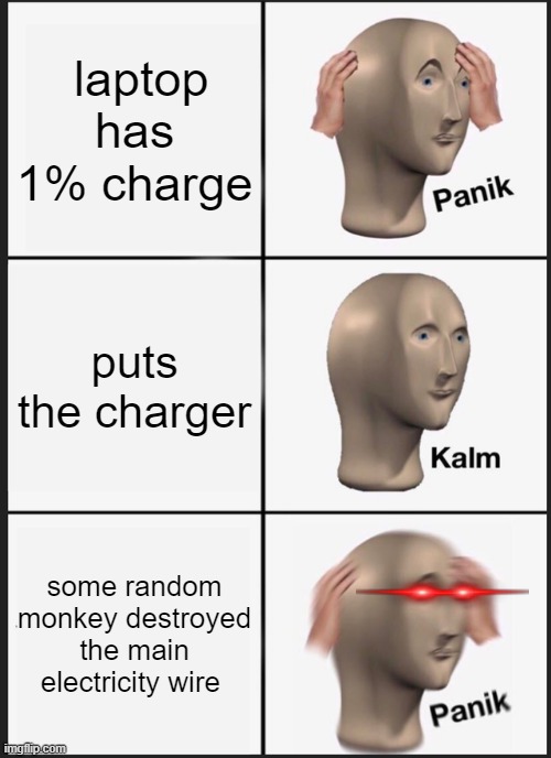 spain (no s) |  laptop has 1% charge; puts the charger; some random monkey destroyed the main electricity wire | image tagged in memes,panik kalm panik | made w/ Imgflip meme maker