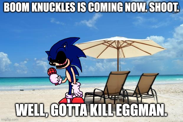YES, IT'S HAPPENING. | BOOM KNUCKLES IS COMING NOW. SHOOT. WELL, GOTTA KILL EGGMAN. | image tagged in beach,sonic exe,sonic boom,knuckles,announcement,funny because it's true | made w/ Imgflip meme maker