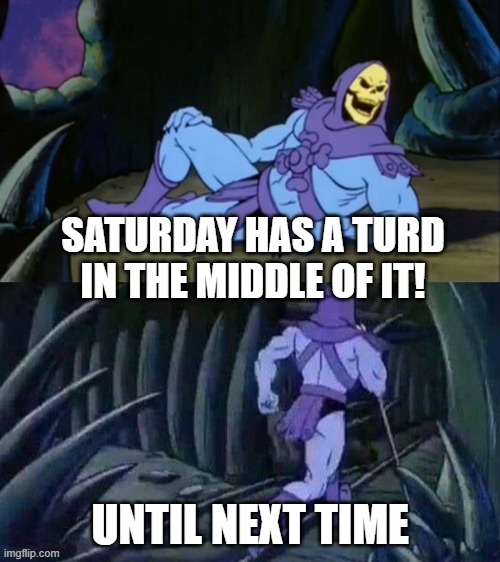Skeletor disturbing facts | SATURDAY HAS A TURD IN THE MIDDLE OF IT! UNTIL NEXT TIME | image tagged in skeletor disturbing facts,saturday,weekend,poop | made w/ Imgflip meme maker