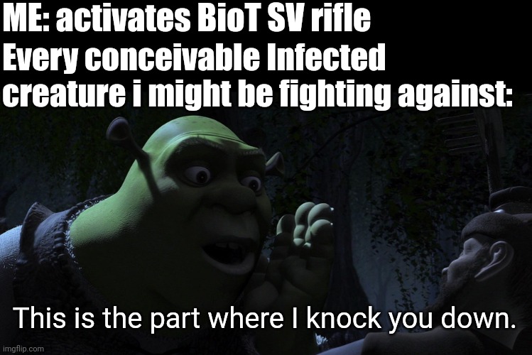 (LifeAfter) Somehow it ALWAYS happens. | ME: activates BioT SV rifle; Every conceivable Infected creature i might be fighting against:; This is the part where I knock you down. | image tagged in this is the part when you run away blank | made w/ Imgflip meme maker