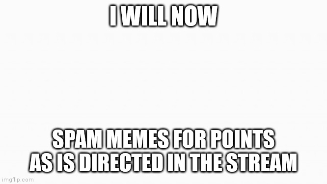 white box | I WILL NOW; SPAM MEMES FOR POINTS AS IS DIRECTED IN THE STREAM | image tagged in white box | made w/ Imgflip meme maker