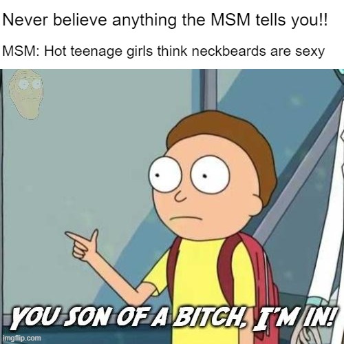 Also MSM: "All too easy" | Never believe anything the MSM tells you!! MSM: Hot teenage girls think neckbeards are sexy | image tagged in you son of a bitch i'm in | made w/ Imgflip meme maker