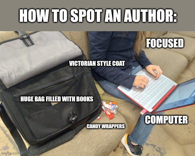 Where's my author? | HOW TO SPOT AN AUTHOR:; FOCUSED; VICTORIAN STYLE COAT; HUGE BAG FILLED WITH BOOKS; COMPUTER; CANDY WRAPPERS | image tagged in funny,author | made w/ Imgflip meme maker