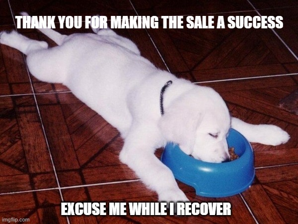 worn out | THANK YOU FOR MAKING THE SALE A SUCCESS; EXCUSE ME WHILE I RECOVER | image tagged in sleeping dog | made w/ Imgflip meme maker