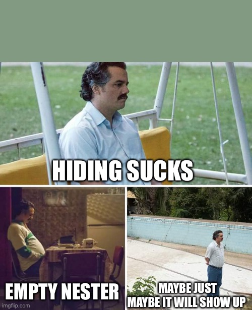 Sad Pablo Escobar | HIDING SUCKS; EMPTY NESTER; MAYBE JUST MAYBE IT WILL SHOW UP | image tagged in memes,sad pablo escobar | made w/ Imgflip meme maker