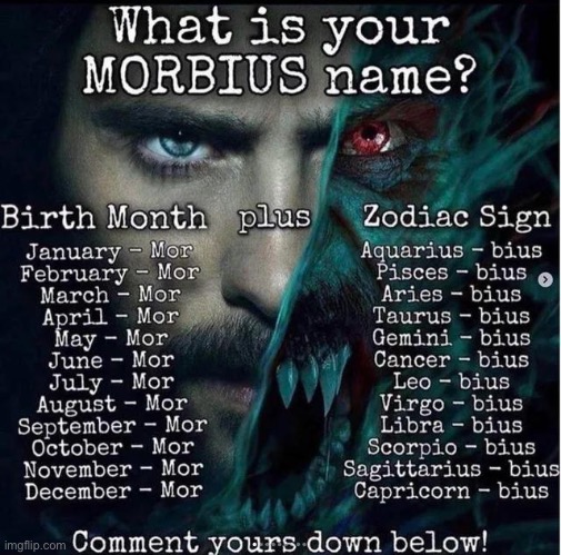 I just found out mine is Morbius | made w/ Imgflip meme maker