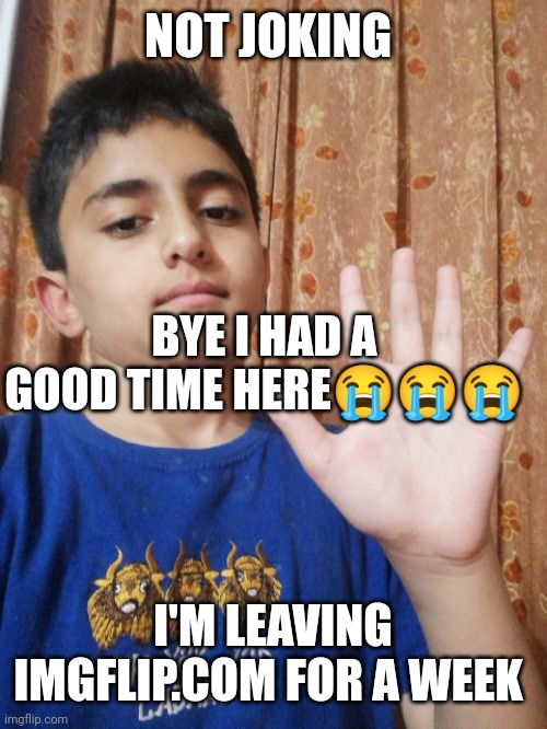 Bye guys | NOT JOKING; BYE I HAD A GOOD TIME HERE😭😭😭; I'M LEAVING IMGFLIP.COM FOR A WEEK | image tagged in bye guys | made w/ Imgflip meme maker