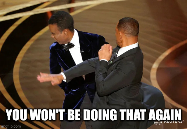 Will Smith punching Chris Rock | YOU WON'T BE DOING THAT AGAIN | image tagged in will smith punching chris rock | made w/ Imgflip meme maker