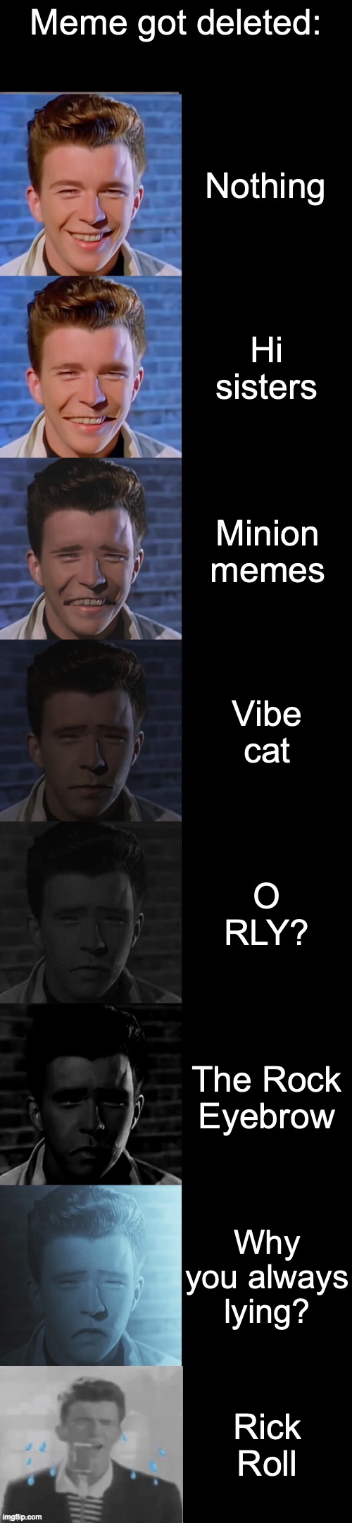 Meme got deleted | Meme got deleted:; Nothing; Hi sisters; Minion memes; Vibe cat; O RLY? The Rock Eyebrow; Why you always lying? Rick Roll | image tagged in rick astley becoming sad true form | made w/ Imgflip meme maker