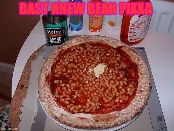 Envoy making pizza, probably. | BAST KNEW BEAN PIXXA | image tagged in pizza,beans,no no no,envoy still has the beans | made w/ Imgflip meme maker