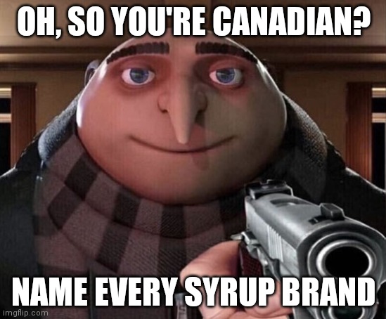 excluding medicine syrup | OH, SO YOU'RE CANADIAN? NAME EVERY SYRUP BRAND | image tagged in gru gun | made w/ Imgflip meme maker