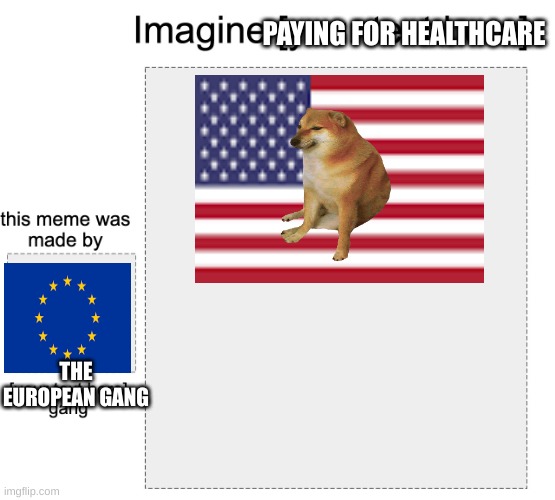 european gang | PAYING FOR HEALTHCARE THE EUROPEAN GANG | image tagged in meme gang,american,europe,healthcare | made w/ Imgflip meme maker