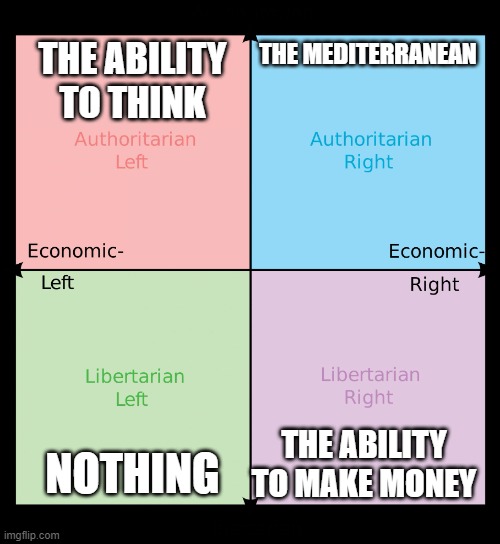 The Quadrants when asked what separates humans from animals |  THE ABILITY TO THINK; THE MEDITERRANEAN; THE ABILITY TO MAKE MONEY; NOTHING | image tagged in political compass | made w/ Imgflip meme maker