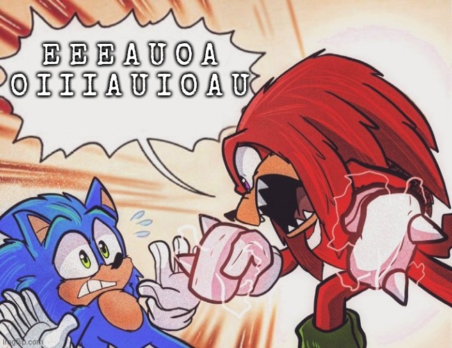 Knuckles yelling at Sonic | E E E A U O A O I I I A U I O A U | image tagged in knuckles yelling at sonic | made w/ Imgflip meme maker