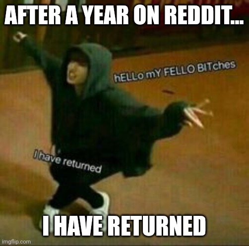 I'm Back, Baby! | AFTER A YEAR ON REDDIT... I HAVE RETURNED | image tagged in hello my fellow bitches i have returned | made w/ Imgflip meme maker