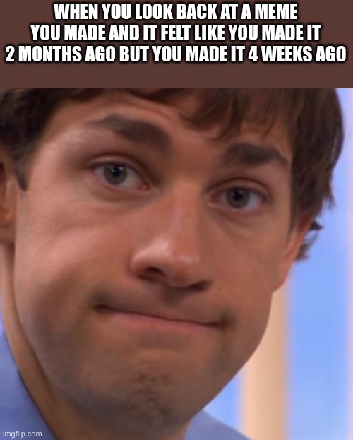 Welp Jim face | WHEN YOU LOOK BACK AT A MEME YOU MADE AND IT FELT LIKE YOU MADE IT 2 MONTHS AGO BUT YOU MADE IT 4 WEEKS AGO | image tagged in welp | made w/ Imgflip meme maker