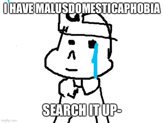 *cri* |  I HAVE MALUSDOMESTICAPHOBIA; SEARCH IT UP- | image tagged in blank white template | made w/ Imgflip meme maker