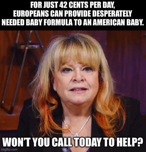 Sally Struthers - Save the Children -  Shame on the Political Leadership for putting us in this position! |  FOR JUST 42 CENTS PER DAY, EUROPEANS CAN PROVIDE DESPERATELY NEEDED BABY FORMULA TO AN AMERICAN BABY. WON’T YOU CALL TODAY TO HELP? | image tagged in baby | made w/ Imgflip meme maker
