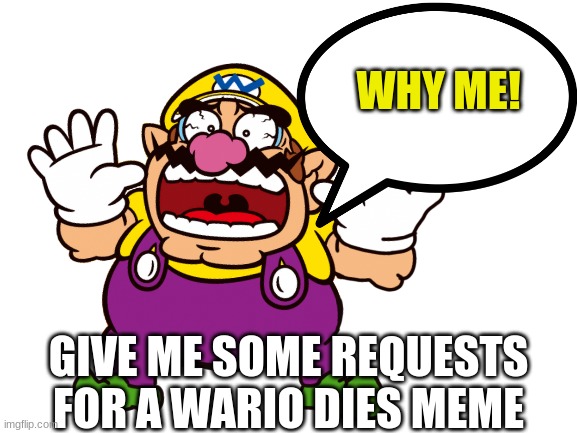 Give me some idea request guys and it has to be deadly like an animal, a dinosaur, or anything thats is deadly to kill Wario | WHY ME! GIVE ME SOME REQUESTS FOR A WARIO DIES MEME | image tagged in wario dies,wario,request,ideas | made w/ Imgflip meme maker