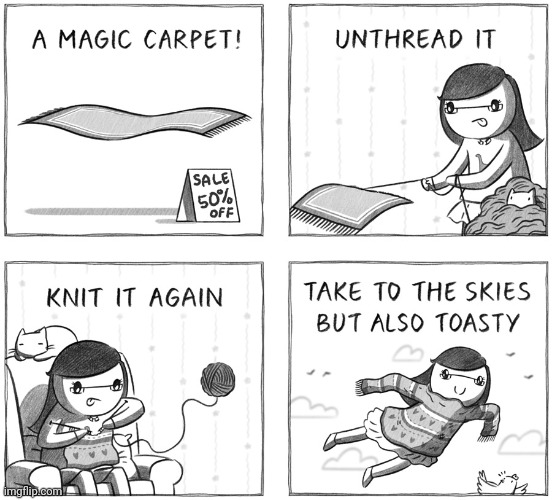 Magic carpet transformation | image tagged in comics/cartoons,comics,comic,magic carpet,thread,knit | made w/ Imgflip meme maker