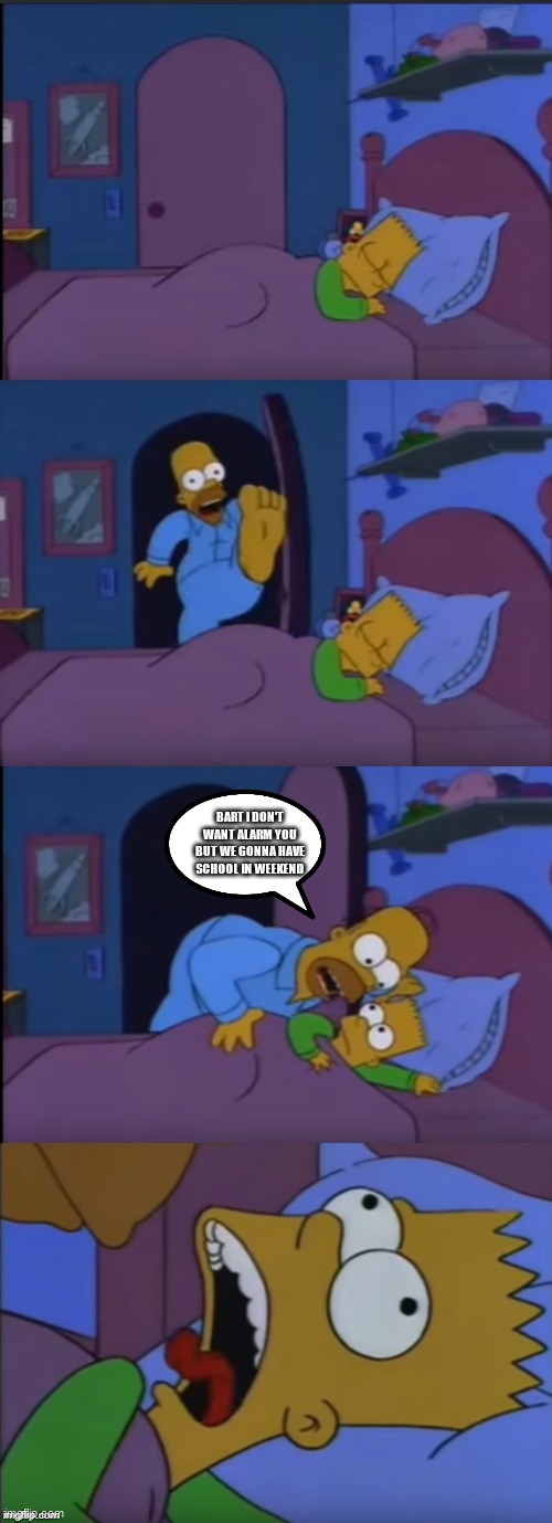 Bart, I don't want to alarm you |  BART I DON'T WANT ALARM YOU BUT WE GONNA HAVE SCHOOL IN WEEKEND | image tagged in bart i don't want to alarm you | made w/ Imgflip meme maker