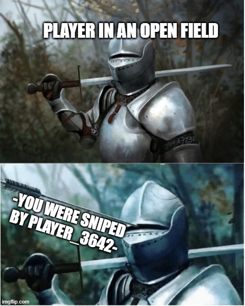 Knight with arrow in helmet | PLAYER IN AN OPEN FIELD; -YOU WERE SNIPED BY PLAYER_3642- | image tagged in knight with arrow in helmet | made w/ Imgflip meme maker