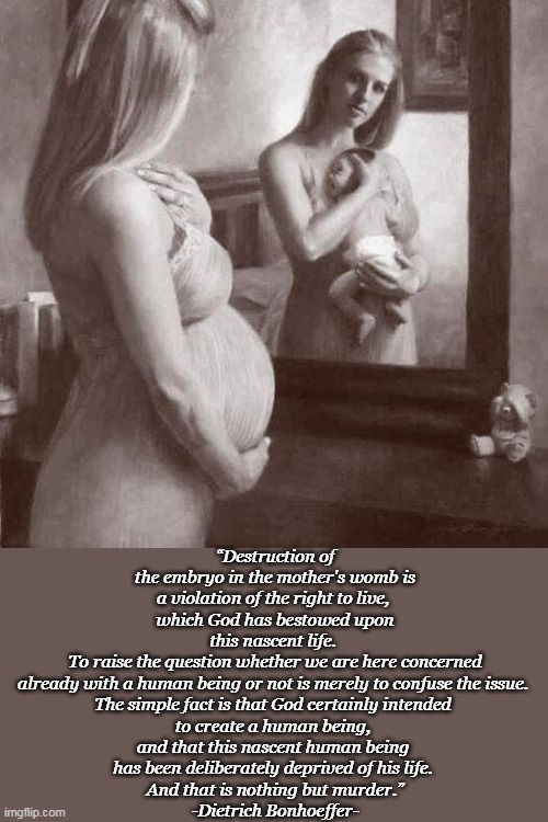 We live in a sick world, where mothers have their babies murdered for convenience. | “Destruction of the embryo in the mother's womb is a violation of the right to live, 
which God has bestowed upon this nascent life. 
To raise the question whether we are here concerned already with a human being or not is merely to confuse the issue. 
The simple fact is that God certainly intended 
to create a human being, 
and that this nascent human being 
has been deliberately deprived of his life. 
And that is nothing but murder.”

-Dietrich Bonhoeffer- | image tagged in of course it's a baby,abortion is murder,evil,child abuse | made w/ Imgflip meme maker