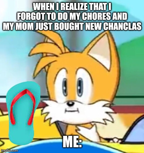 Tails hold up | WHEN I REALIZE THAT I FORGOT TO DO MY CHORES AND MY MOM JUST BOUGHT NEW CHANCLAS; ME: | image tagged in tails hold up | made w/ Imgflip meme maker