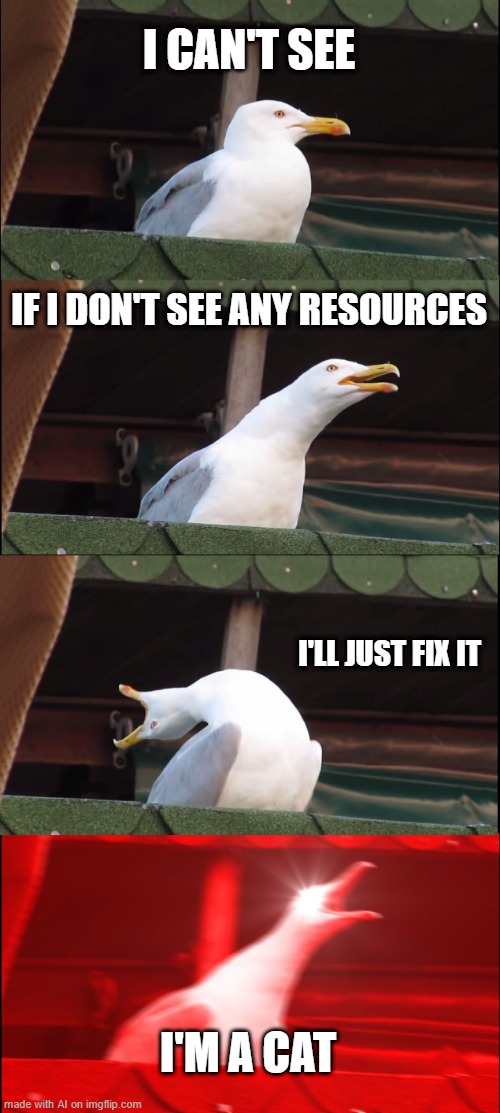 bird is cat? | I CAN'T SEE; IF I DON'T SEE ANY RESOURCES; I'LL JUST FIX IT; I'M A CAT | image tagged in memes,inhaling seagull,ai meme | made w/ Imgflip meme maker