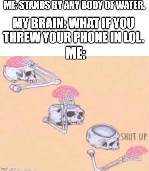 This true for anyone else? | ME: STANDS BY ANY BODY OF WATER. MY BRAIN: WHAT IF YOU THREW YOUR PHONE IN LOL. ME: | image tagged in blank white template,shut up skeleton,brain,phone,water | made w/ Imgflip meme maker