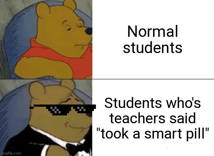 Tuxedo Winnie The Pooh | Normal students; Students who's teachers said "took a smart pill" | image tagged in memes,tuxedo winnie the pooh | made w/ Imgflip meme maker
