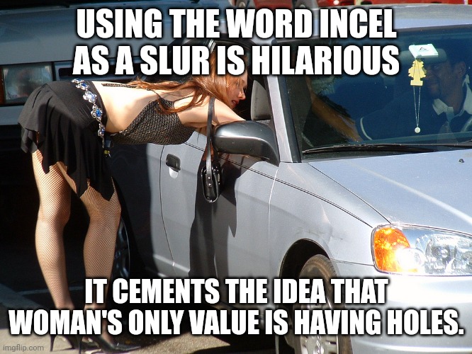 Hooker | USING THE WORD INCEL AS A SLUR IS HILARIOUS IT CEMENTS THE IDEA THAT WOMAN'S ONLY VALUE IS HAVING HOLES. | image tagged in hooker | made w/ Imgflip meme maker