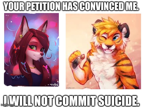 YOUR PETITION HAS CONVINCED ME. I WILL NOT COMMIT SUICIDE. | image tagged in suicide,no more | made w/ Imgflip meme maker